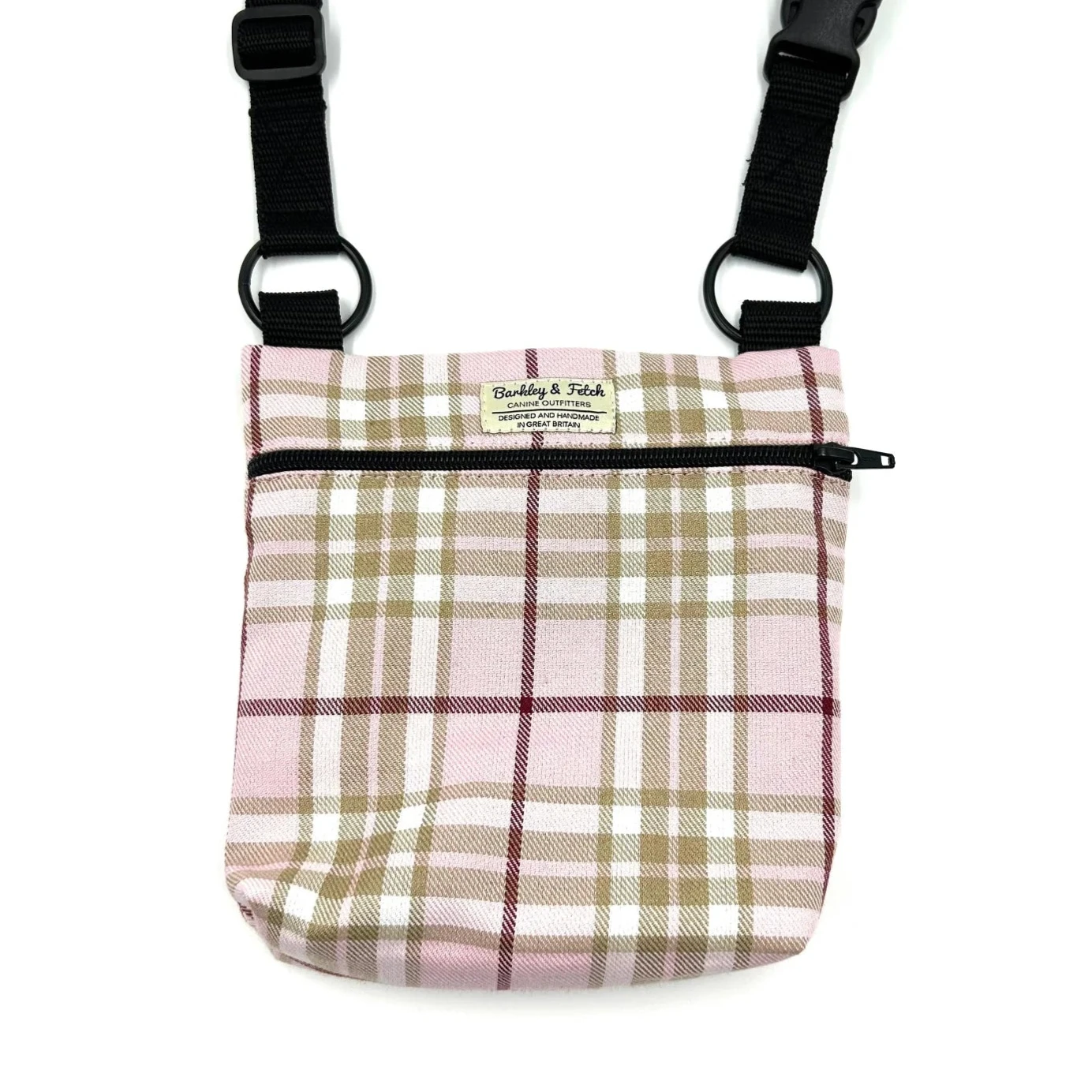 Plaid bag with black straps on a white background