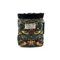 A small canvas pouch with a black top band and a colorful William Morris-style floral and bird pattern on a dark background. A white label reads 'Barkey & Fetch Canine Outfitters'.