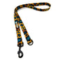 Leopard print dog leash with black clip on a white background